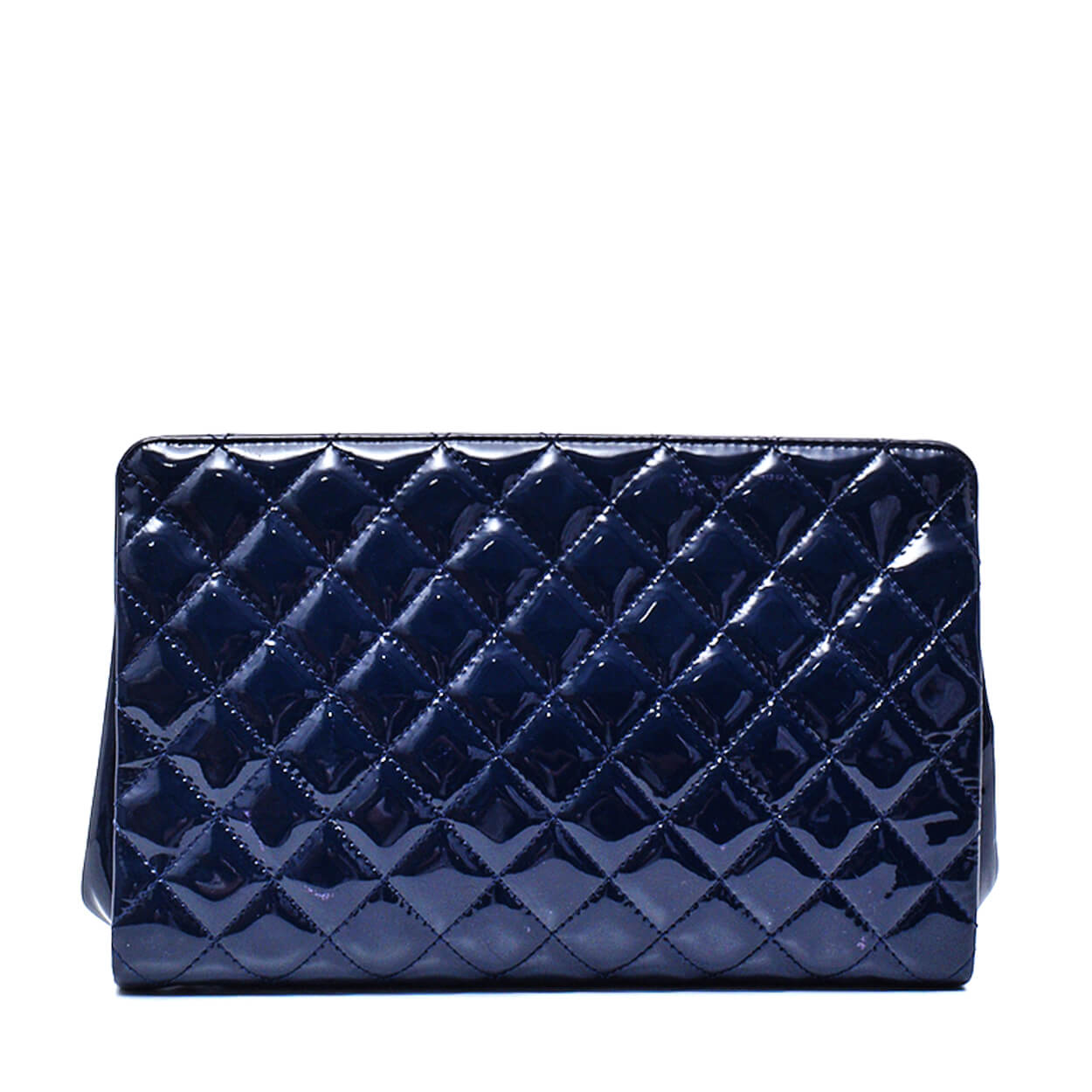 Chanel - Navy Blue Quilted Patent Leather CC Logo Clutch 